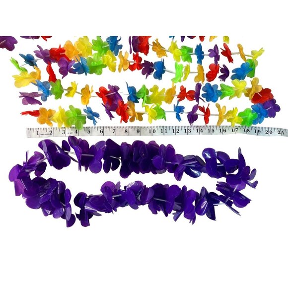 12 Hawaiian Luau Party Flower Leis Multicolor & Purple Plastic & Fabric 21 Inch - Picture 2 of 5